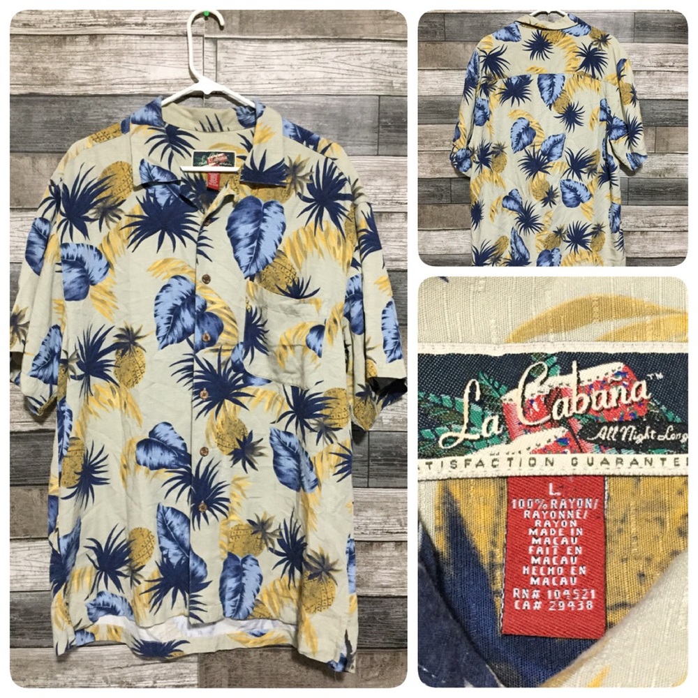 La Cabana Hawaiian Shirt Men’s L Cream Blue Floral Button Up Rayon Short Sleeve